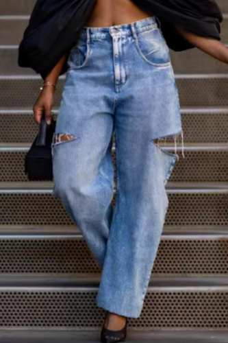 Casual Wide Leg Distressed Ripped Denim Jeans