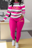 Claret Stripe Print O Neck Long Sleeve Oversize Sweatshirt And Skinny Pants Sportwear Casual Two Pieces Sweatpant Sets
