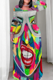 Multicolor Casual Face Print O Neck Long Sleeve Straight Loose Vacation Plus Size Maxi Dresses