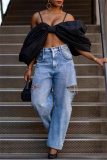 Casual Wide Leg Distressed Ripped Denim Jeans