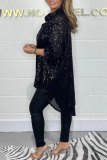 Black Casual Sequins Turndown Collar Long Sleeve Irregular Hem Blouse