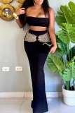 Black Backless Strapless Sleeveless Tube Crop Tops And Maxi Skirt Vacation Two Pieces Dress Sets