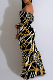 Dark Grey Geometric Print Off Shoulder Long Sleeve Vacation Wrap Boho Bodycon Maxi Dress