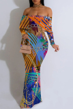 Dark Grey Geometric Print Off Shoulder Long Sleeve Vacation Wrap Boho Bodycon Maxi Dress