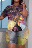 Black Red Casual Graphics Print O Neck Short Sleeve Oversize T-Shirt And Shorts Two Pieces Shorts Sets