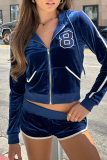 Blue Sportwear Casual Letters Letter Draw String Pocket Zipper Collar Long Sleeve Crop Jackets And Mini Skirt Two Pieces Sweatsuit Set