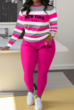 Yellow Stripe Print O Neck Long Sleeve Oversize Sweatshirt And Skinny Pants Sportwear Casual Two Pieces Sweatpant Sets