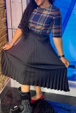 Black Casual Plaid Print O Neck Half Sleeve Vacation Plus Size Pleated Midi Dresses