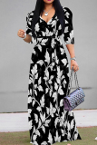 Red Yellow Casual Floral Print V Neck Half Sleeve Floor Length With Belt Strap Design Vacation A Line Maxi Dresses