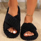 Casual Warm Plush Open Toe Criss Cross Cotton Bedroom Slippers