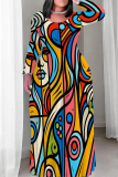 Multicolor Casual Face Print O Neck Long Sleeve Straight Loose Vacation Plus Size Maxi Dresses