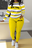 Yellow Stripe Print O Neck Long Sleeve Oversize Sweatshirt And Skinny Pants Sportwear Casual Two Pieces Sweatpant Sets