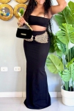 Black Backless Strapless Sleeveless Tube Crop Tops And Maxi Skirt Vacation Two Pieces Dress Sets