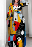 Multicolor Casual Face Print O Neck Long Sleeve Straight Loose Vacation Plus Size Maxi Dresses