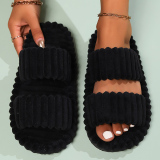 Khaki Casual Warm Plush Open Toe One-piece Open Cotton Bedroom Slippers