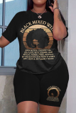 Black Red Casual Graphics Print O Neck Short Sleeve Oversize T-Shirt And Shorts Two Pieces Shorts Sets