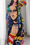 Multicolor Casual Face Print O Neck Long Sleeve Straight Loose Vacation Plus Size Maxi Dresses