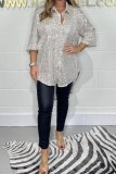 Black Casual Sequins Turndown Collar Long Sleeve Irregular Hem Blouse