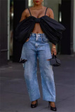 Casual Wide Leg Distressed Ripped Denim Jeans