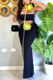 Black Flowers Decor Backless Strapless Sleeveless Tube Crop Tops And Maxi Skirt Vacation Two Pieces Dress Sets