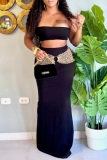 Black Backless Strapless Sleeveless Tube Crop Tops And Maxi Skirt Vacation Two Pieces Dress Sets