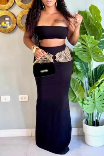 Black Backless Strapless Sleeveless Tube Crop Tops And Maxi Skirt Vacation Two Pieces Dress Sets