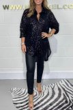 Black Casual Sequins Turndown Collar Long Sleeve Irregular Hem Blouse