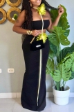 Black Flowers Decor Backless Strapless Sleeveless Tube Crop Tops And Maxi Skirt Vacation Two Pieces Dress Sets