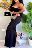Black Backless Strapless Sleeveless Tube Crop Tops And Maxi Skirt Vacation Two Pieces Dress Sets