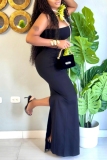 Black Flowers Decor Backless Strapless Sleeveless Tube Crop Tops And Maxi Skirt Vacation Two Pieces Dress Sets
