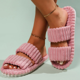 Khaki Casual Warm Plush Open Toe One-piece Open Cotton Bedroom Slippers