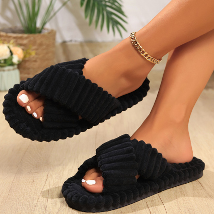Casual Warm Plush Open Toe Criss Cross Cotton Bedroom Slippers