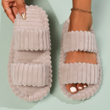 Khaki Casual Warm Plush Open Toe One-piece Open Cotton Bedroom Slippers