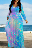 Light Blue Casual Gradient Print O Neck Long Sleeve Straight Loose Vacation Plus Size Maxi Dresses