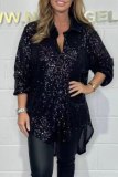 Black Casual Sequins Turndown Collar Long Sleeve Irregular Hem Blouse
