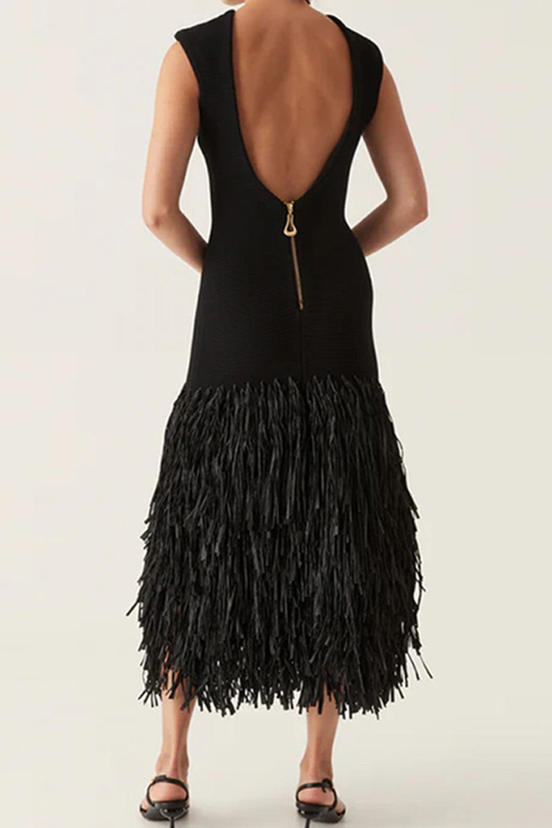VC Black Diamond Tassel Spaghetti Straps Long Dress Backless Sleeveless Fringed Patchwork Bodycon Evening Party Gowns