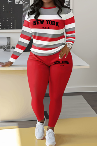 Yellow Stripe Print O Neck Long Sleeve Oversize Sweatshirt And Skinny Pants Sportwear Casual Two Pieces Sweatpant Sets