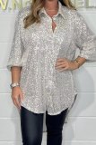 Black Casual Sequins Turndown Collar Long Sleeve Irregular Hem Blouse