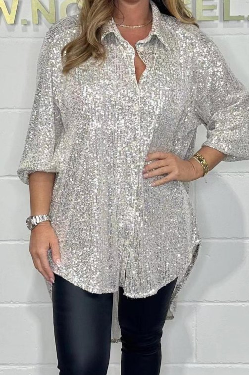 Black Casual Sequins Turndown Collar Long Sleeve Irregular Hem Blouse