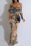 Dark Grey Geometric Print Off Shoulder Long Sleeve Vacation Wrap Boho Bodycon Maxi Dress