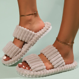 Khaki Casual Warm Plush Open Toe One-piece Open Cotton Bedroom Slippers