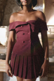 Claret Buttons Off Shoulder Blazer Top And Pleated Mini Skirt Formal Evening Party Two Pieces Suit Sets