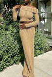Khaki Backless Off Shoulder Textured Long Sleeve Crop Tops And Maxi Skirt Formal Evening Party Two Pieces Dress Sets