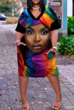 Colorful Casual Graphics Print Basic V Neck Short Sleeve Loose Pockets Midi T-Shirt Dress