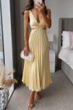 Yellow Sleeveless Summer Stain Cutout Waist Loose Vacation Pleated Midi Dress