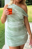 Green Gradient Sequins Sloping Shoulder Sleeveless Wrapped Skirt Party Formal Evening Party Bodycon Mini Dresses