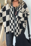 Watermelon Red Casual Street Plaid Weave V Neck Long Sleeve Cardigan Knitted Sweater