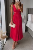 Yellow Sleeveless Summer Stain Cutout Waist Loose Vacation Pleated Midi Dress