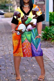 Colorful Casual Graphics Print Basic V Neck Short Sleeve Loose Pockets Midi T-Shirt Dress