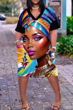 Colorful Casual Graphics Print Basic V Neck Short Sleeve Loose Pockets Midi T-Shirt Dress